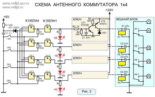 Схема антенного переключателя на 4 позиции на К155ЛА3